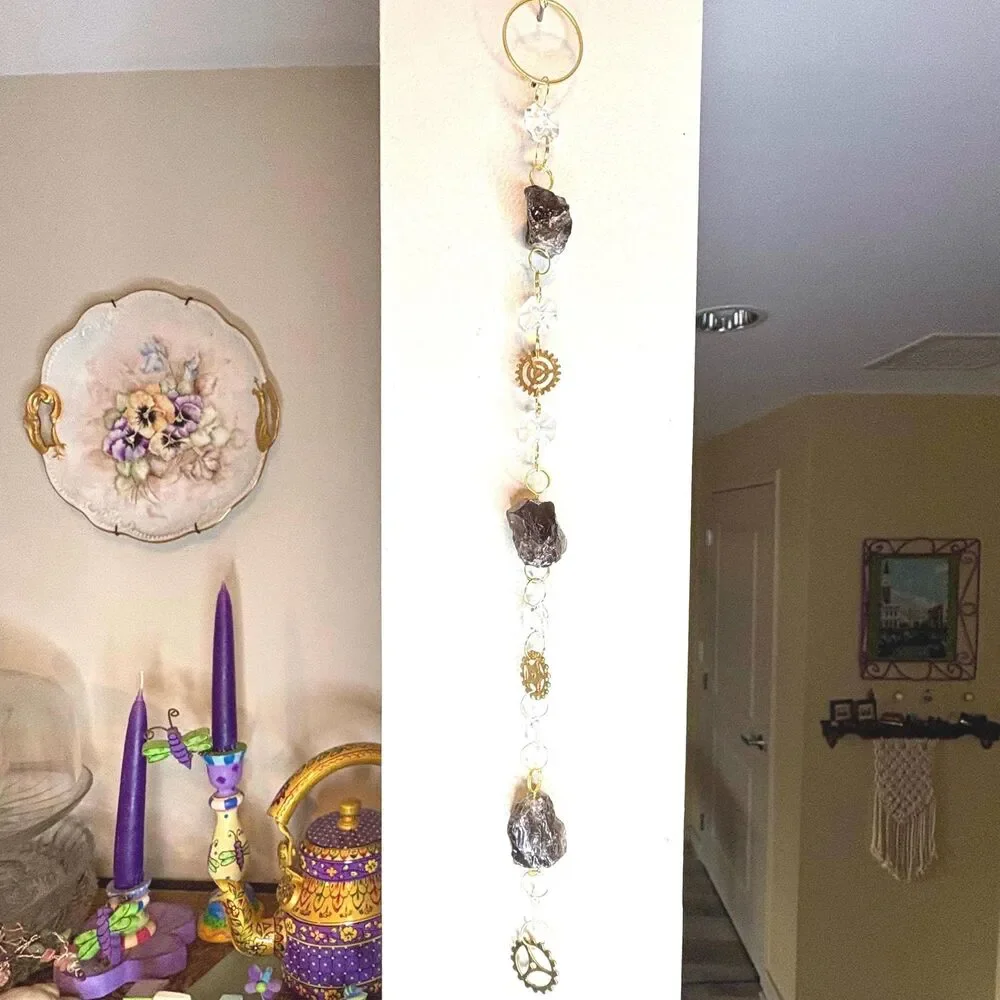 Raw Smoky Quartz Hanging | Steampunk Gear Charm | Grounding Stone Stress Relief